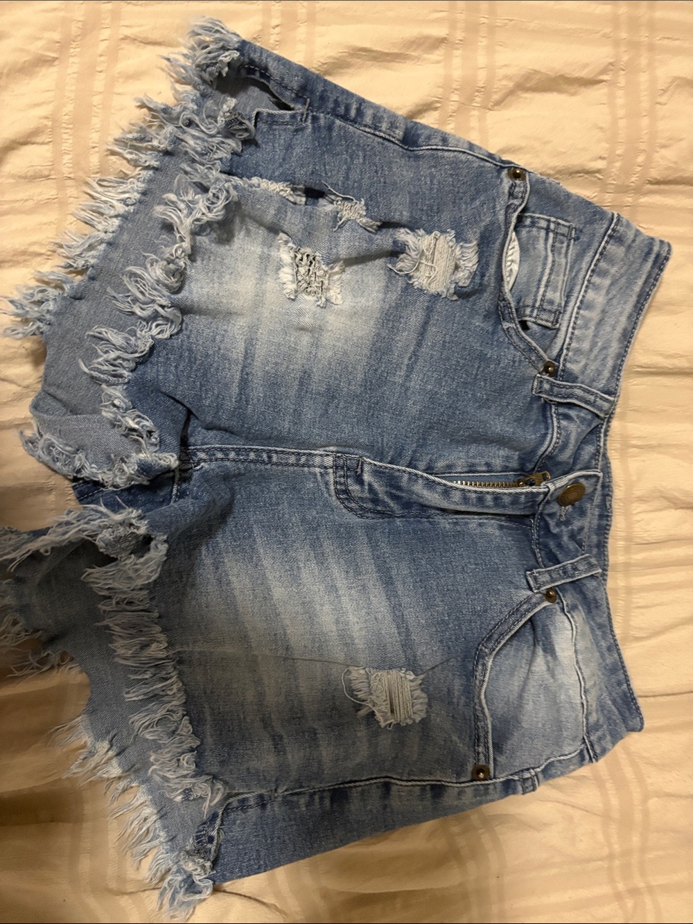 Women's Distressed Fringe Denim Shorts - Light Blue